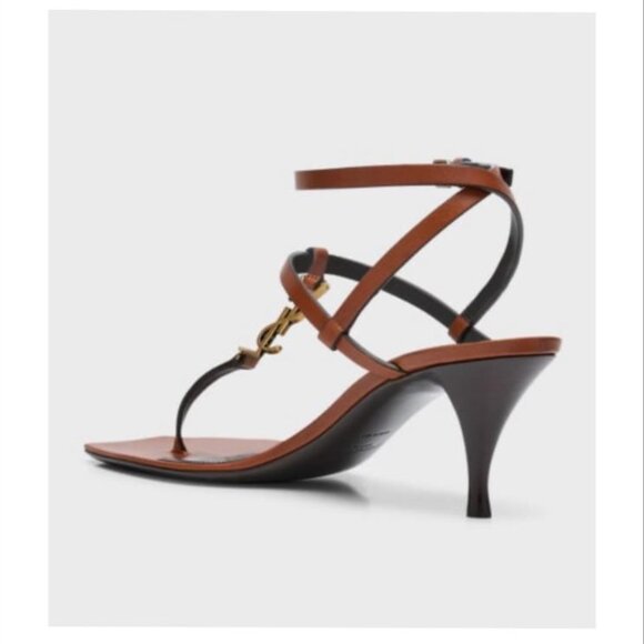 NWT Saint Laurent Vitti Brown Leather YSL T-Strap Sandals Size 37 / 7 US - Picture 4 of 5